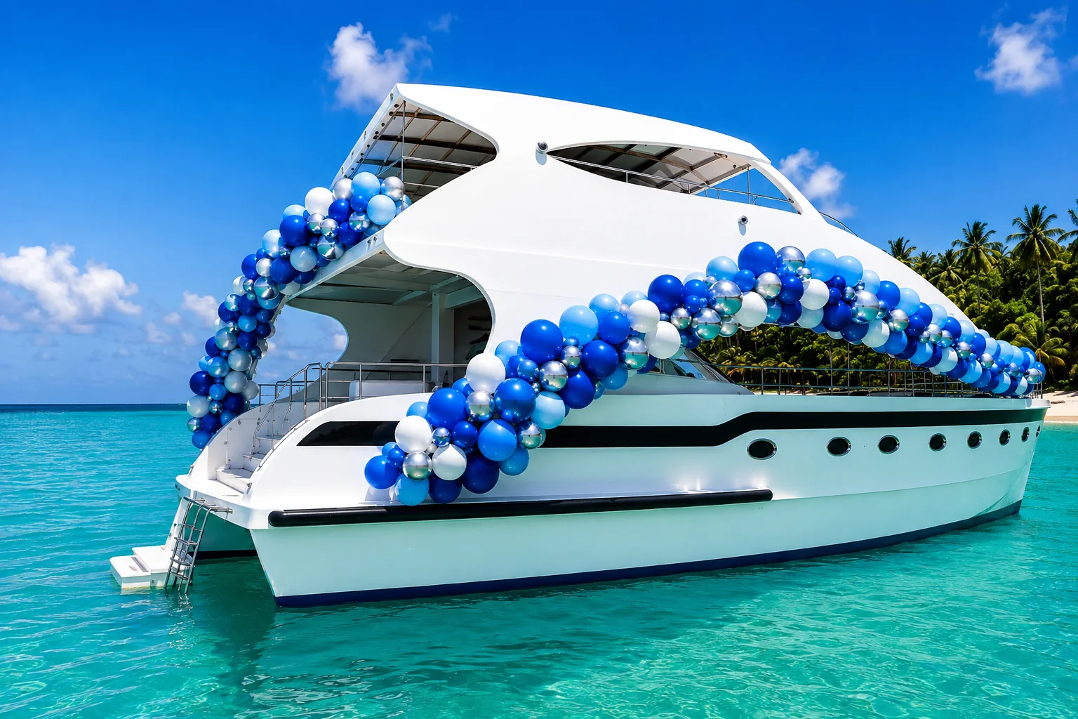 Luxury catamaran decorated with blue and white balloons for a special celebration in Punta Cana