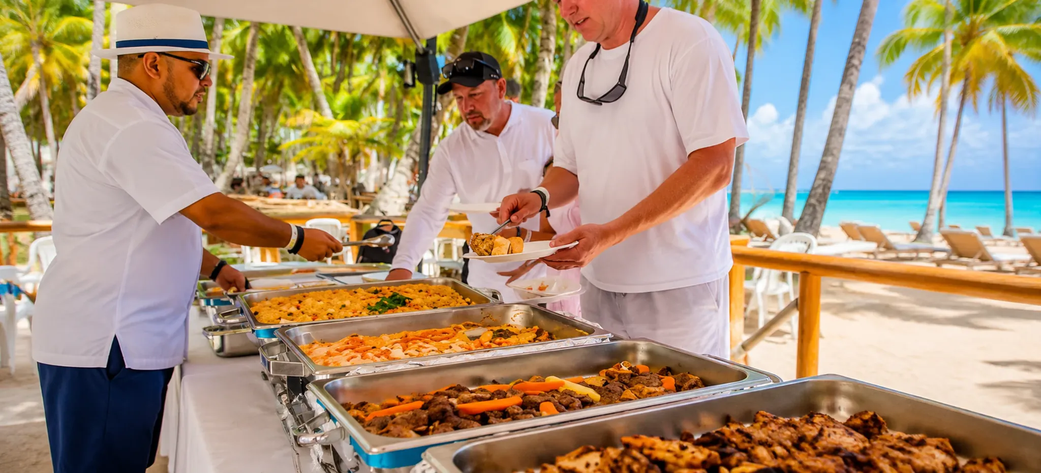 Caribbean buffet lunch served beside the beach during a Saona Island excursion