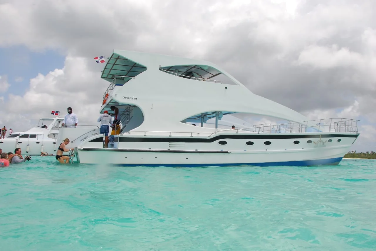 Luxury private Saona Island catamaran in turquoise Caribbean water near Punta Cana