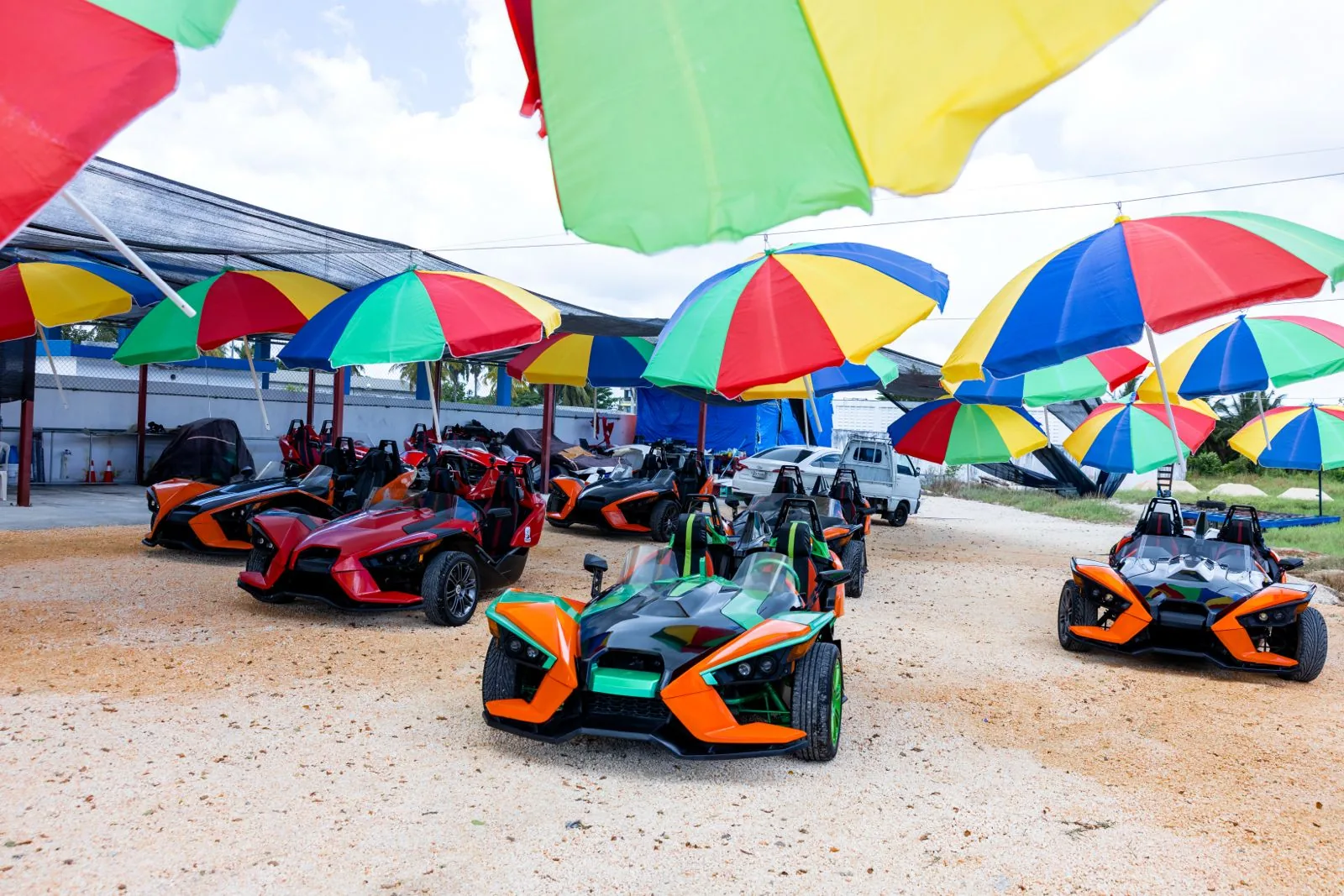 Colorful Polaris Slingshot fleet parked at the Punta Cana Slingshot Hub