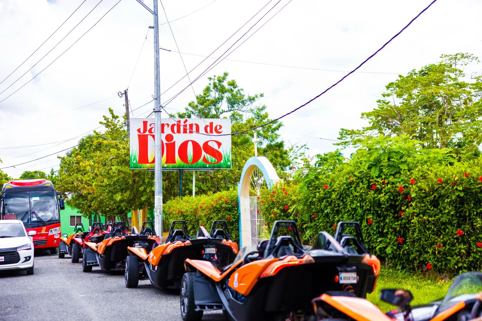 Punta Cana Slingshot convoy arriving at the Jardin de Dios countryside stop