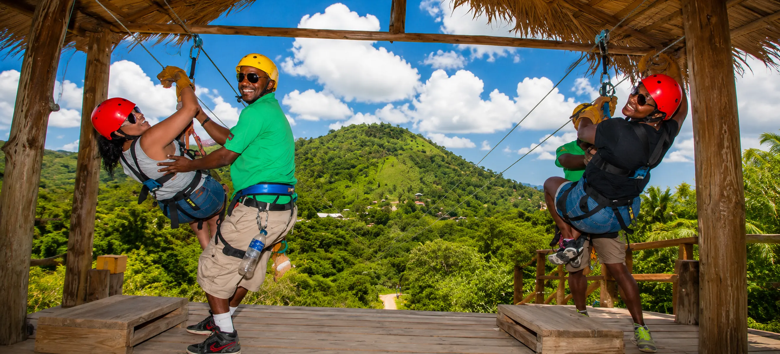 Guests preparing for a zipline adventure at Monkeyland Punta Cana