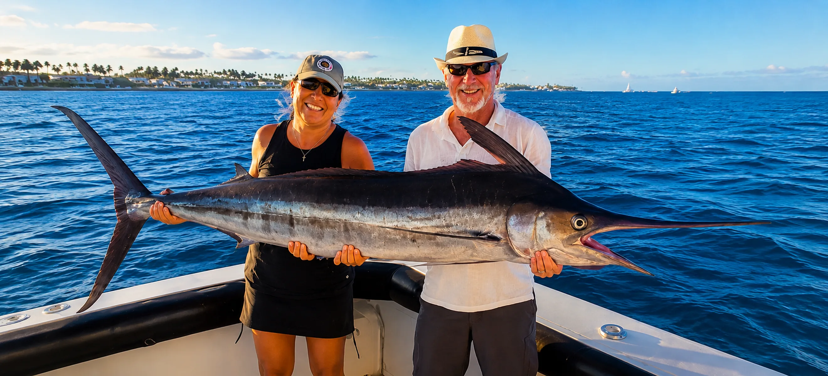 ouple holding large blue marlin during private fishing charter in Punta Cana