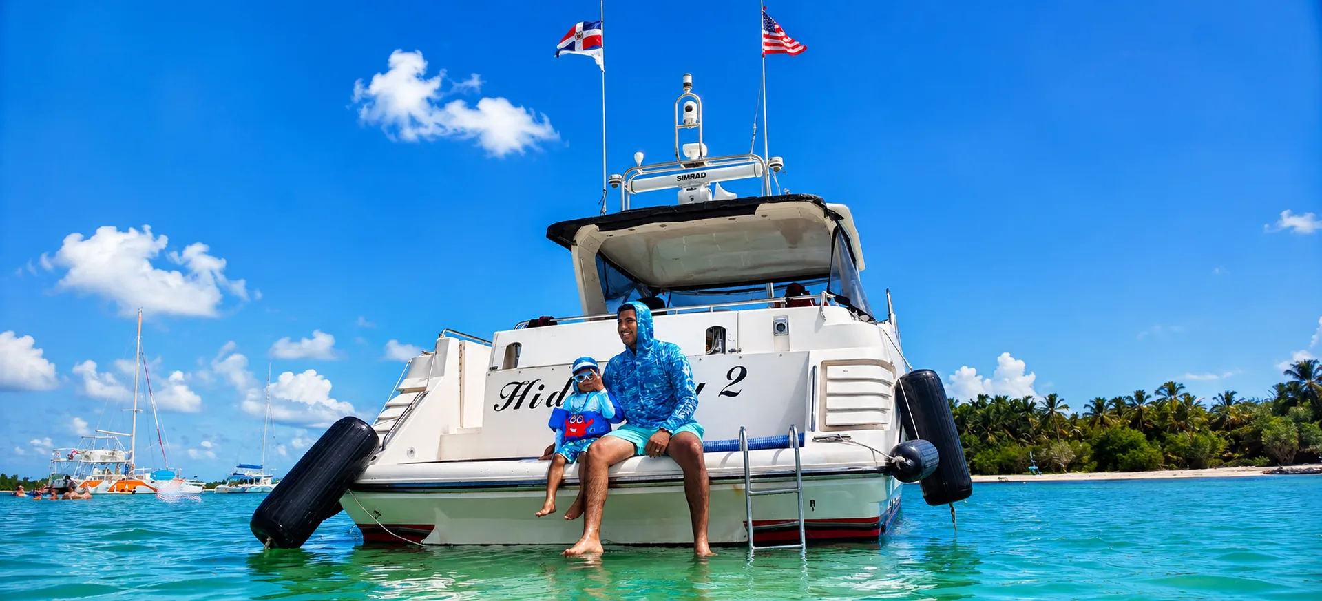 Family relaxing at the back of a private yacht in Punta Cana