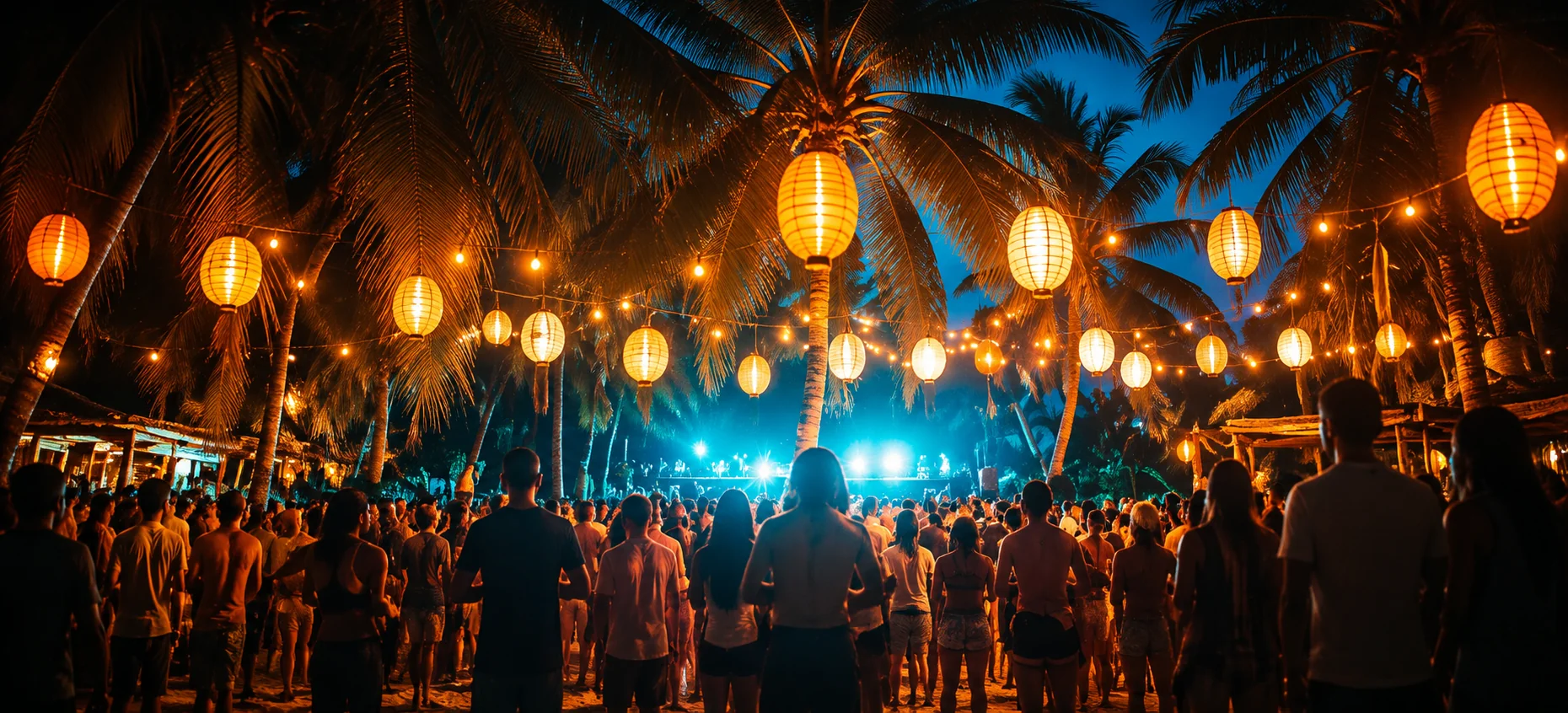 Tropical night beach party with glowing lanterns and guests in Punta Cana.