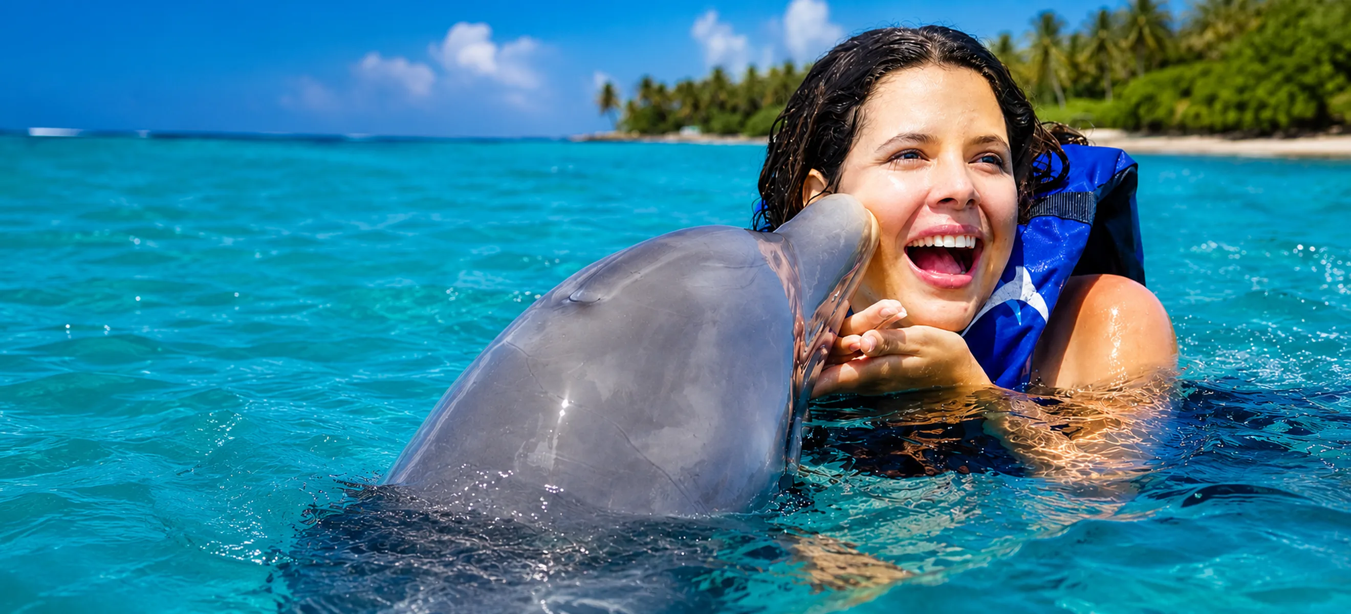 Dolphin encounter in Punta Cana with guest swimming in tropical Caribbean water